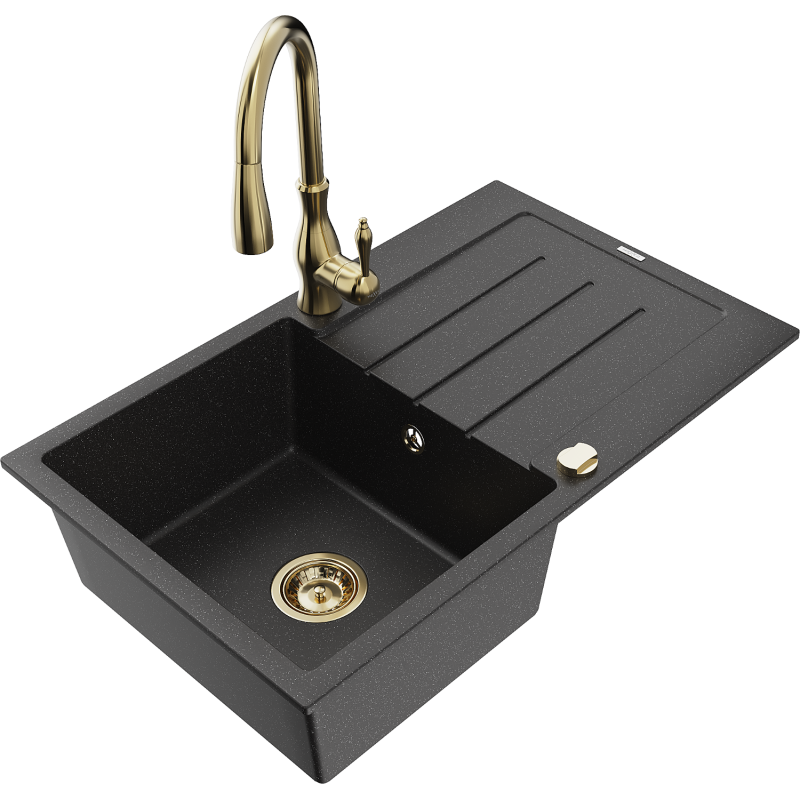 Mexen Bruno lavello in granito a 1 vasca con gocciolatoio e rubinetto da cucina Savita, nero/argento metallizzato