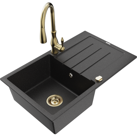 Mexen Bruno granite kitchen sink 1-bowl with drainer and Savita kitchen faucet, black/silver metallic - 6513-73-672601-50