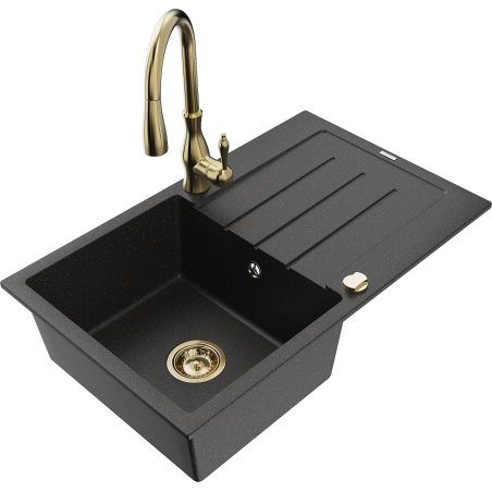 Mexen Bruno granite sink, 1-bowl with drainer and Savita kitchen tap, black/silver metallic - 6513-73-672601-50