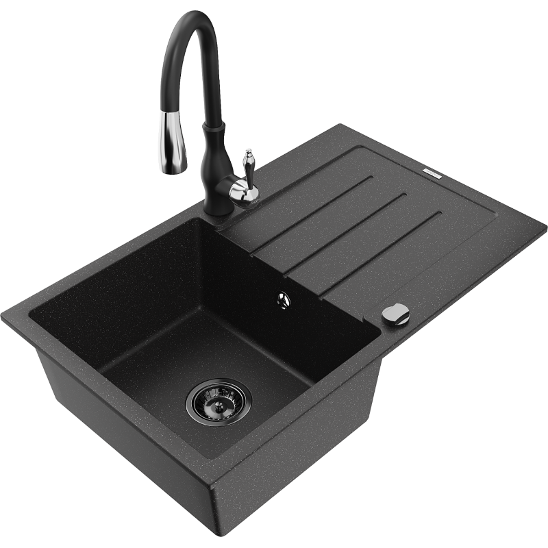 Mexen Bruno fregadero de granito de 1 cubeta con escurridor y grifo de cocina Savita, negro/plateado - 6513-73-672601-70-B