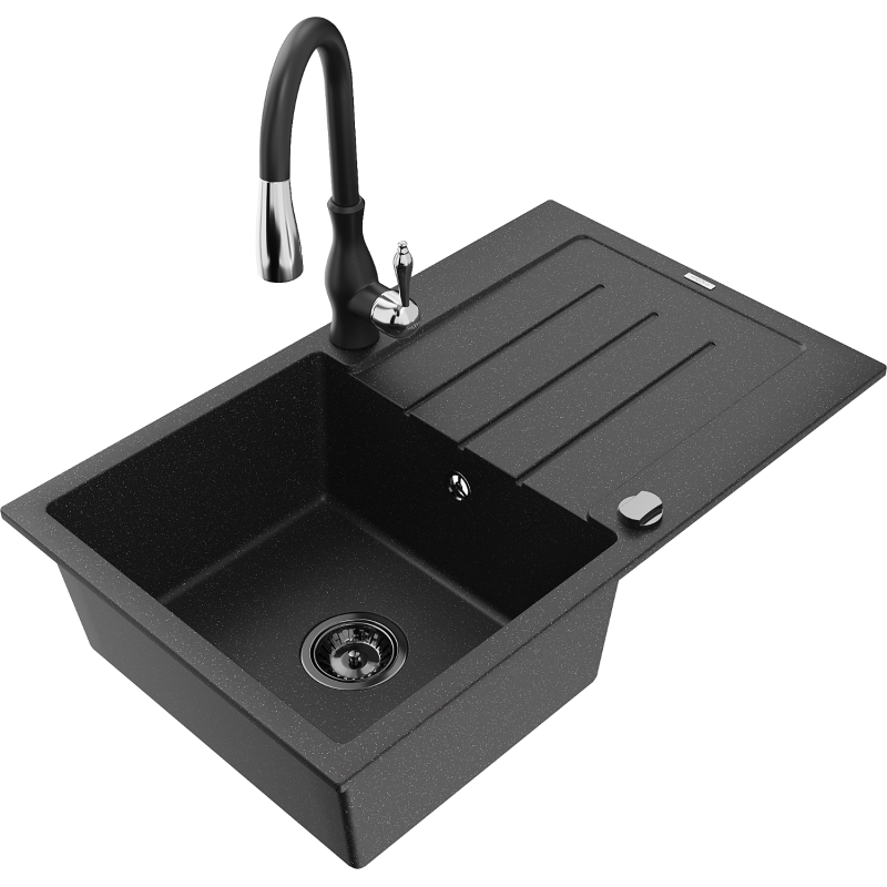 Mexen Bruno granitdiskbänk med en diskho och avrinningsyta och köksblandare Savita, svart/silver - 6513-73-672601-70-B