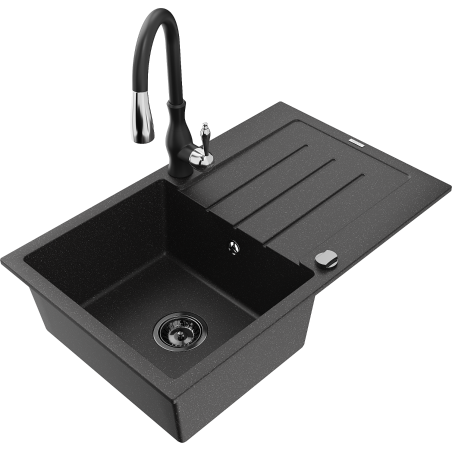 Mexen Bruno granite sink 1-bowl with drainer and Savita kitchen tap, black/silver - 6513-73-672601-70-B