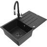 Mexen Bruno granite sink 1-bowl with drainer and Savita kitchen tap, black/silver - 6513-73-672601-70-B