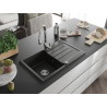 Mexen Bruno fregadero de granito de 1 compartimento con escurridor y grifo de cocina Savita, negro/metalizado dorado