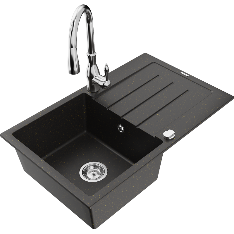 Mexen Bruno lava-loiça em granito de 1 cuba com escorredor e torneira de cozinha Savita, preto/dourado metálico