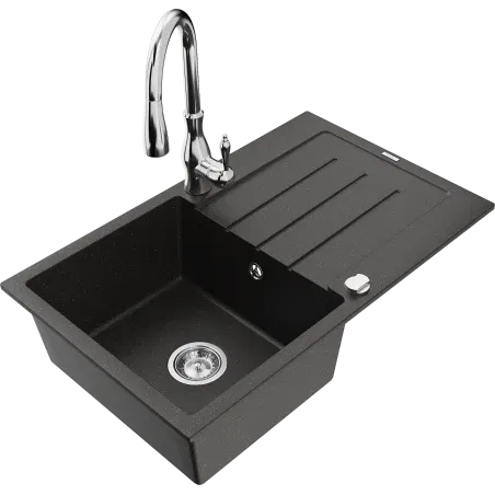 Mexen Bruno Granitspüle 1-beckig mit Abtropffläche und Küchenarmatur Savita, schwarz/gold metallic - 6513-75-672601-00
