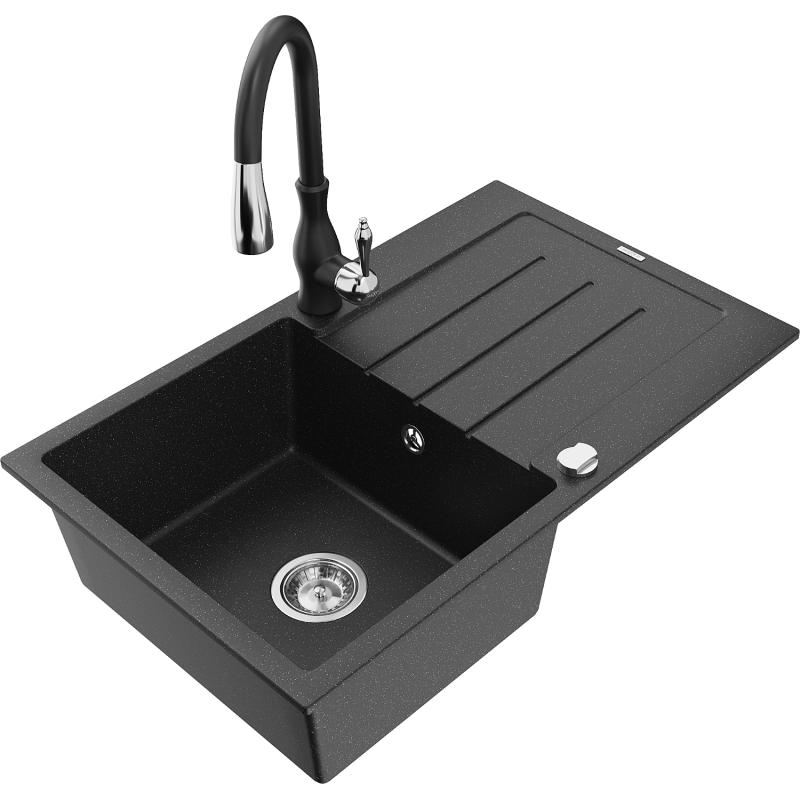 Mexen Bruno fregadero de granito de 1 cubeta con escurridor y grifo de cocina Savita, negro/plata metálica - 6513-73-672601-70