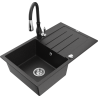 Mexen Bruno fregadero de granito de 1 cubeta con escurridor y grifo de cocina Savita, negro/plata metálica - 6513-73-672601-70