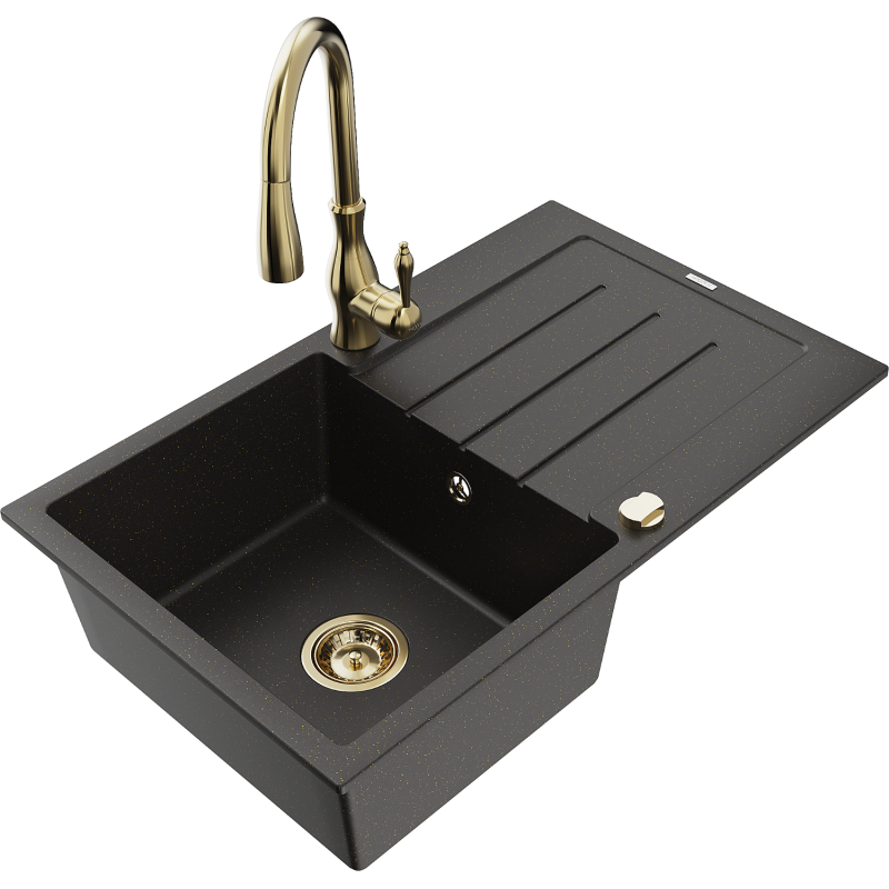 Mexen Bruno granieten spoelbak met 1 bak en afdruiprek en Savita keukenkraan, zwart/goud metallic - 6513-75-672601-50