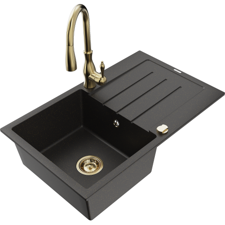 Mexen Bruno 1-kom Grantie Spoelbak met Afdruiprek en Keukenkraan Savita, zwart/goud metallic - 6513-75-672601-50