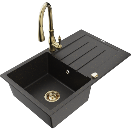 Mexen Bruno granieten spoelbak met 1 bak en afdruiprek en Savita keukenkraan, zwart/goud metallic - 6513-75-672601-50