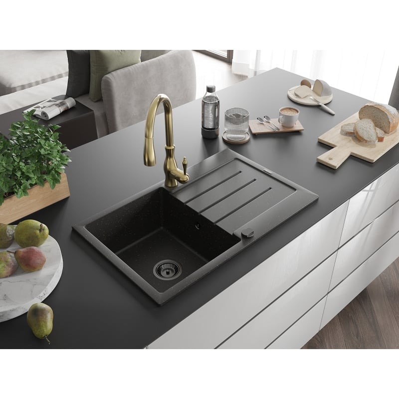 Mexen Bruno lavello in granito a 1 vasca con sgocciolatoio e rubinetto da cucina Savita, nero/oro metallico