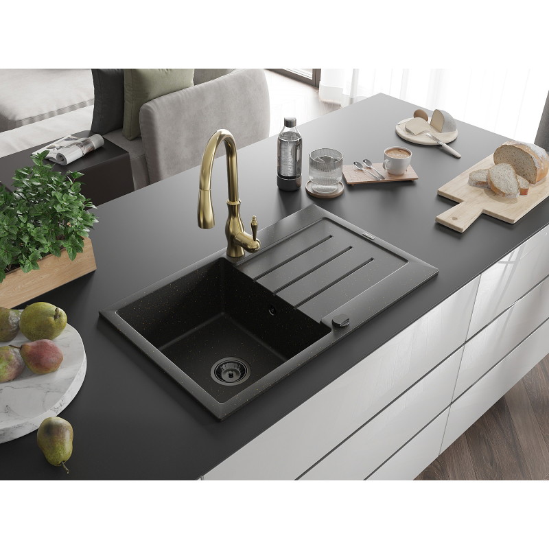 Mexen Bruno lavello in granito a una vasca con gocciolatoio e rubinetto da cucina Savita, nero/oro metallizzato