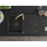 Mexen Bruno granite sink 1-bowl with drainer and Savita kitchen faucet, black/golden metallic - 6513-75-672601-50-B