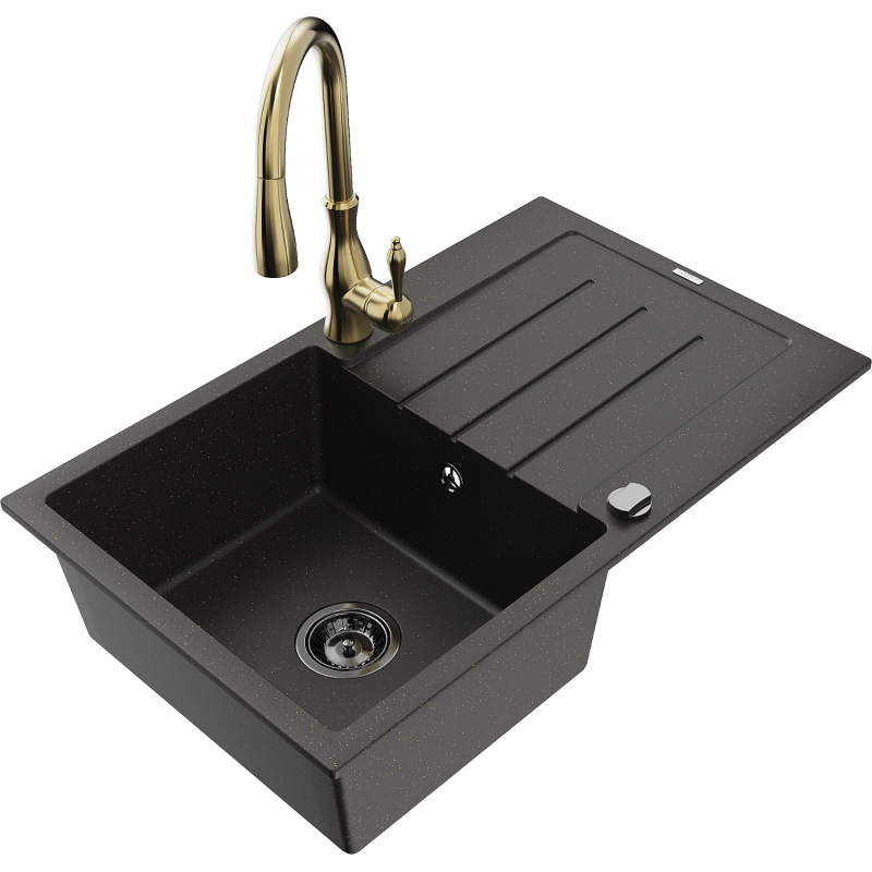 Mexen Bruno fregadero de granito de 1 seno con escurridor y grifo de cocina Savita, negro/dorado metálico - 6513-75-672601-50-B