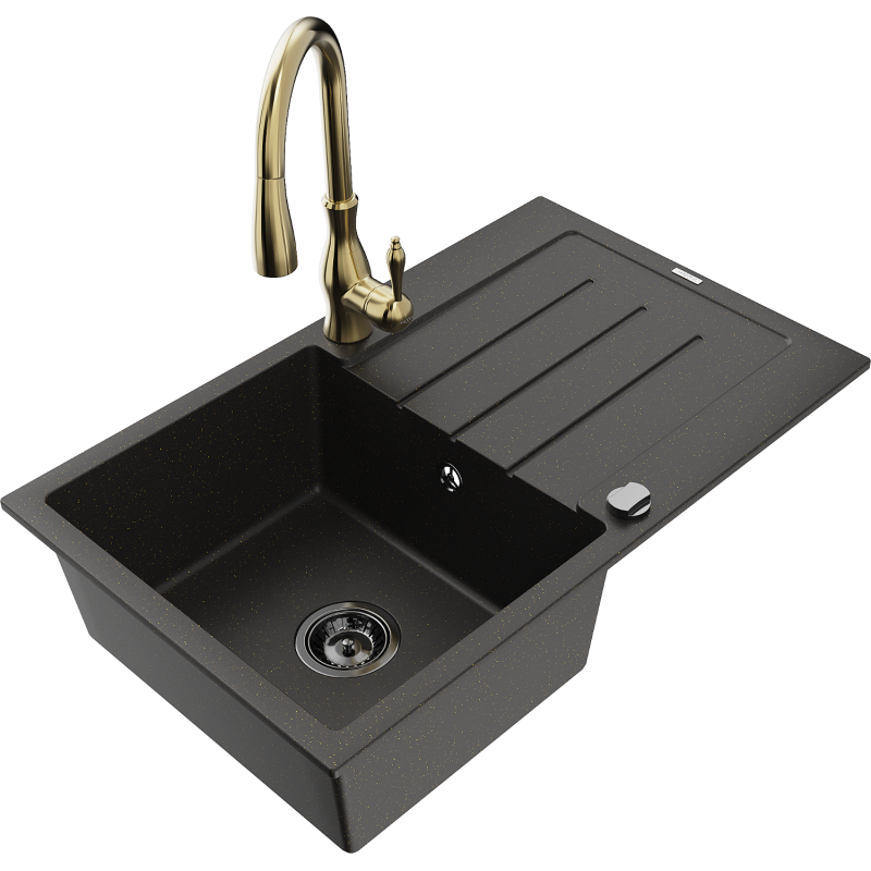 Mexen Bruno Granit-Spullsteen, 1-Kummer mat Drain an Kichenkrun Savita, schwaarz/golden Metalik - 6513-75-672601-50-B