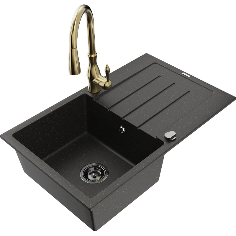 Mexen Bruno lavello in granito a 1 vasca con sgocciolatoio e rubinetto da cucina Savita, nero/oro metallico