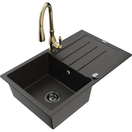 Mexen Bruno Granit-Spullsteen, 1-Kummer mat Drain an Kichenkrun Savita, schwaarz/golden Metalik - 6513-75-672601-50-B