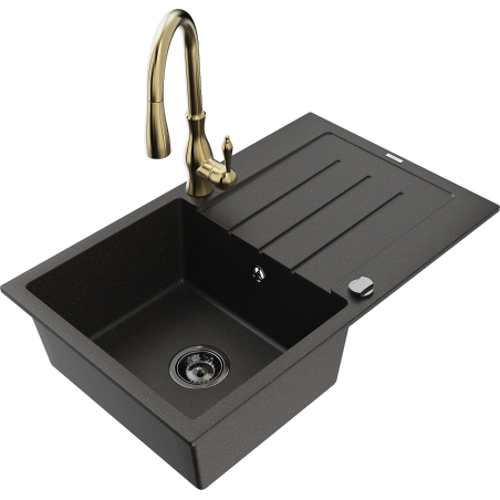 Mexen Bruno granite sink 1-bowl with drainer and Savita kitchen faucet, black/golden metallic - 6513-75-672601-50-B