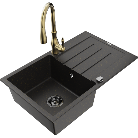 Mexen Bruno lavello in granito a 1 vasca con scolapiatti e rubinetto da cucina Savita, nero/oro metallico - 6513-75-672601-50-B