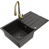 Mexen Bruno granite sink 1-bowl with drainer and Savita kitchen faucet, black/golden metallic - 6513-75-672601-50-B