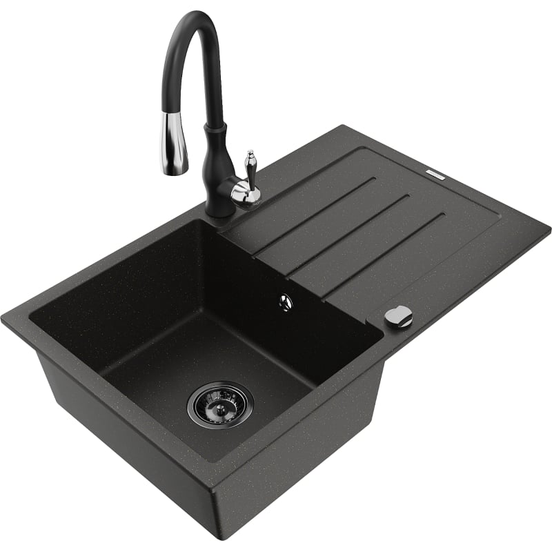 Mexen Bruno 1-bowl granite sink with drainer and Savita kitchen faucet, black/gold metallic - 6513-75-672601-70-B