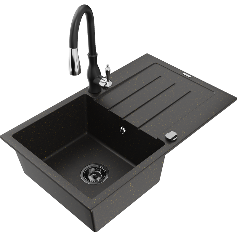 Mexen Bruno 1-bowl Granite Sink with Drainer and Savita Kitchen Tap, Black/Gold Metallic - 6513-75-672601-70-B