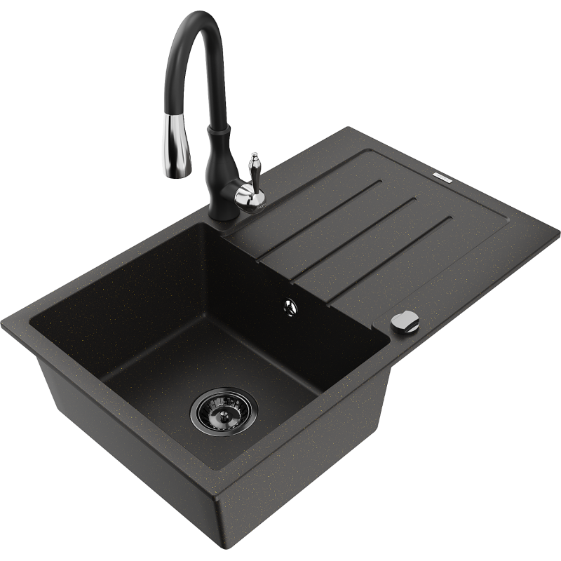 Mexen Bruno fregadero de granito de 1 seno con escurridor y grifo de cocina Savita, negro/dorado metálico - 6513-75-672601-70-B