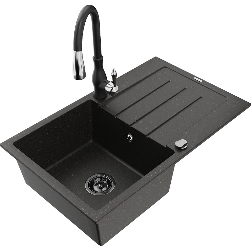 Mexen Bruno lavello in granito monovasca con scolapiatti e rubinetto da cucina Savita, nero/oro metallizzato