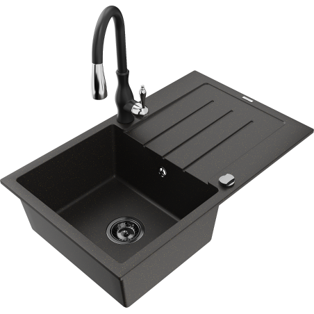 Mexen Bruno 1-bowl granite sink with drainer and Savita kitchen faucet, black/gold metallic - 6513-75-672601-70-B