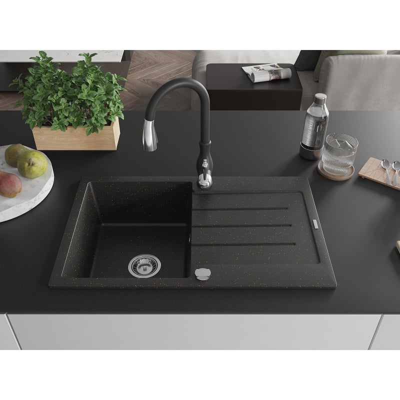 Mexen Bruno 1-komorige granieten gootsteen met afdruiprek en keukenkraan Savita, zwart/gouden metallic - 6513-75-672601-70