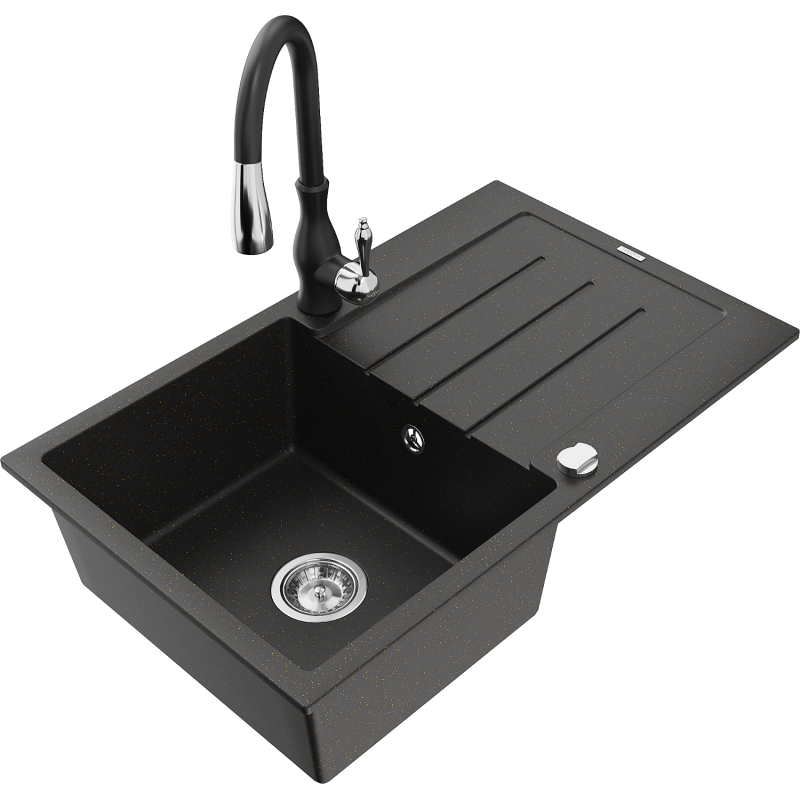 Mexen Bruno 1-bowl granite sink with drainer and Savita kitchen tap, black/gold metallic - 6513-75-672601-70
