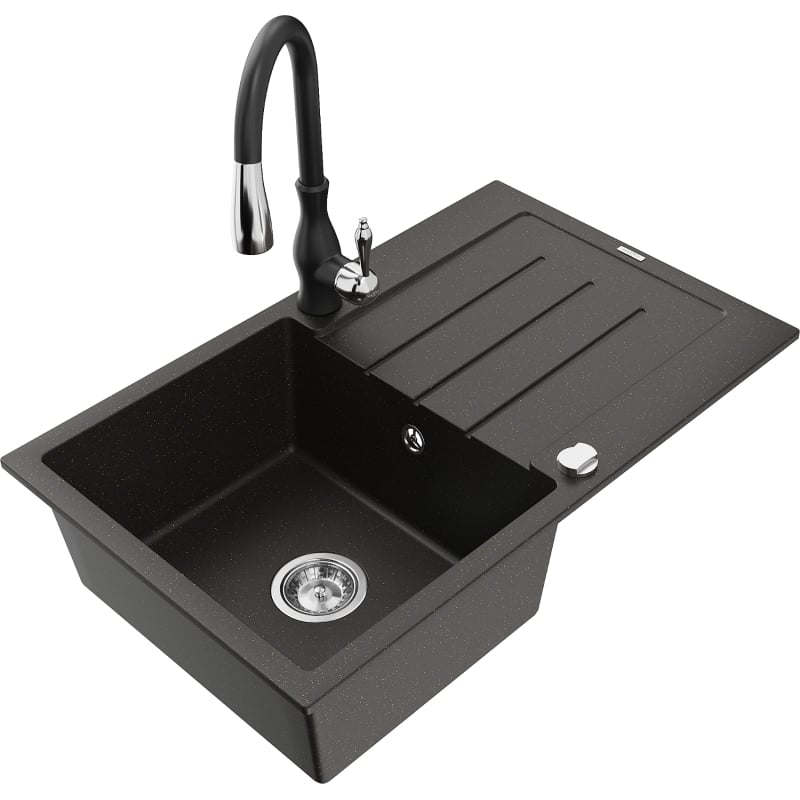 Mexen Bruno 1-komorige granieten gootsteen met afdruiprek en keukenkraan Savita, zwart/gouden metallic - 6513-75-672601-70
