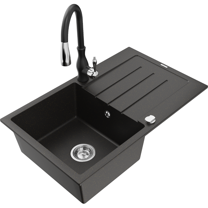 Mexen Bruno fregadero de granito de 1 cubeta con escurridor y grifo de cocina Savita, negro/dorado metálico - 6513-75-672601-70