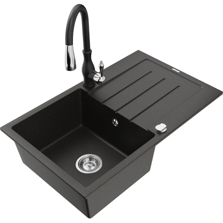 Mexen Bruno granit izlietne ar 1 nodalījumu, noteces un virtuves jaucējkrānu Savita, melns/zelta metālisks - 6513-75-672601-70