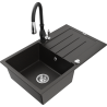 Mexen Bruno fregadero de granito de 1 cubeta con escurridor y grifo de cocina Savita, negro/dorado metálico - 6513-75-672601-70