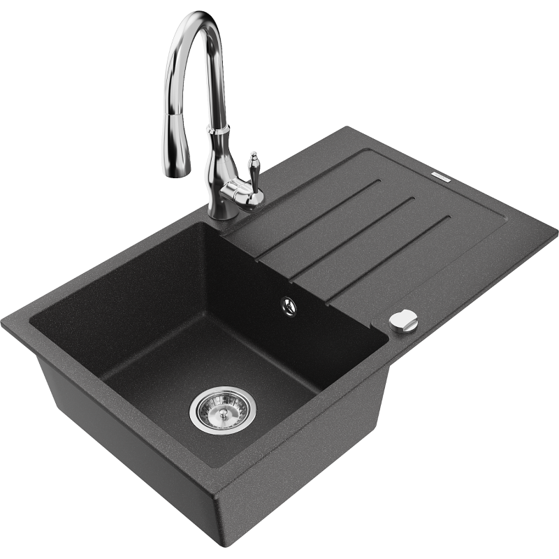 Mexen Bruno fregadero de granito de 1 cubeta con escurridor y grifo de cocina Savita, negro moteado - 6513-76-672601-00