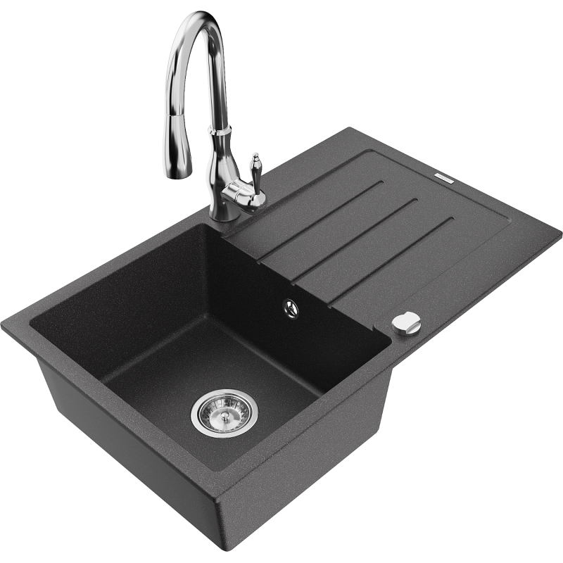 Mexen Bruno granite kitchen sink 1-bowl with drainer and Savita kitchen tap, speckled black - 6513-76-672601-00
