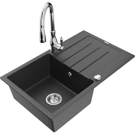 Mexen Bruno granite kitchen sink 1-bowl with drainer and Savita kitchen faucet, speckled black - 6513-76-672601-00