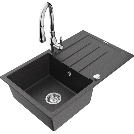 Mexen Bruno granite kitchen sink 1-bowl with drainer and Savita kitchen tap, speckled black - 6513-76-672601-00