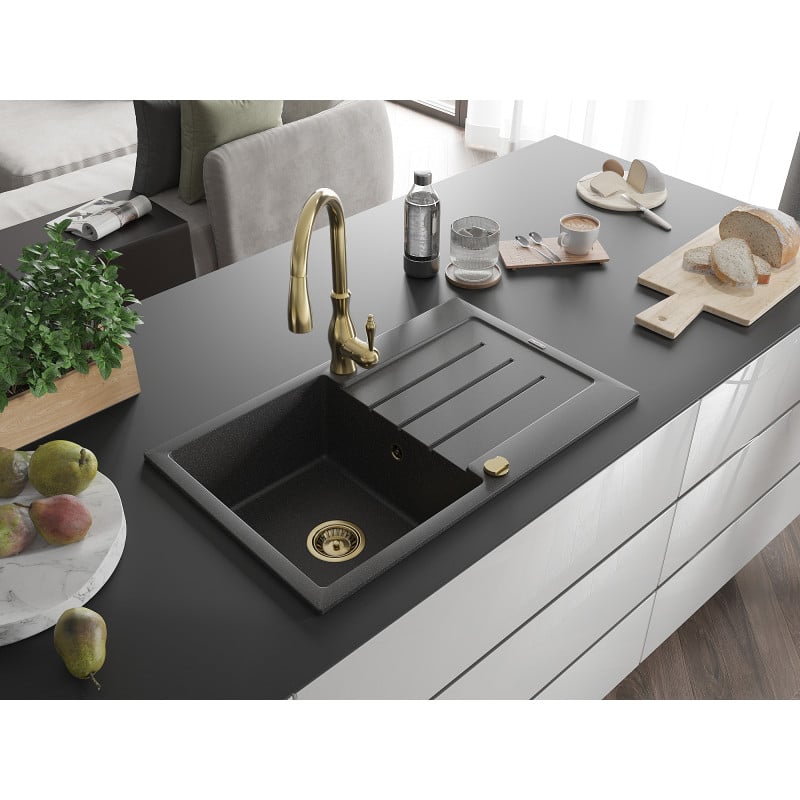 Mexen Bruno granite sink 1-bowl with drainer and Savita kitchen tap, black speckled - 6513-76-672601-50