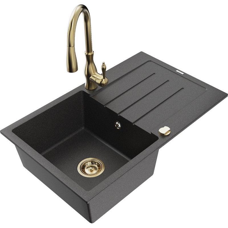 Mexen Bruno fregadero de cocina de granito de 1 seno con escurridor y grifo Savita, negro moteado - 6513-76-672601-50