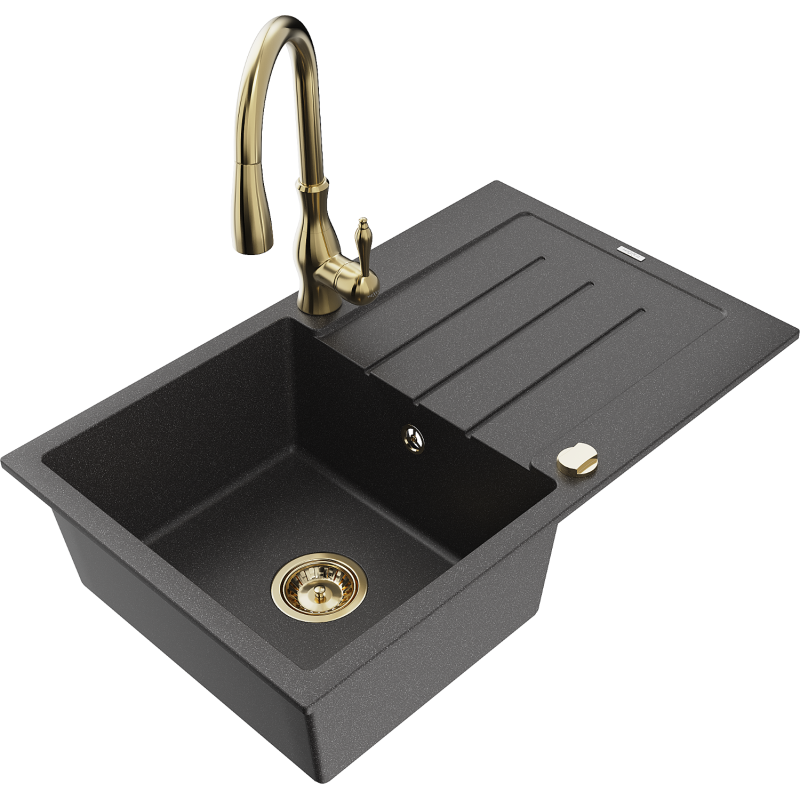 Mexen Bruno fregadero de granito de 1 cubeta con escurridor y grifo de cocina Savita, negro moteado - 6513-76-672601-50