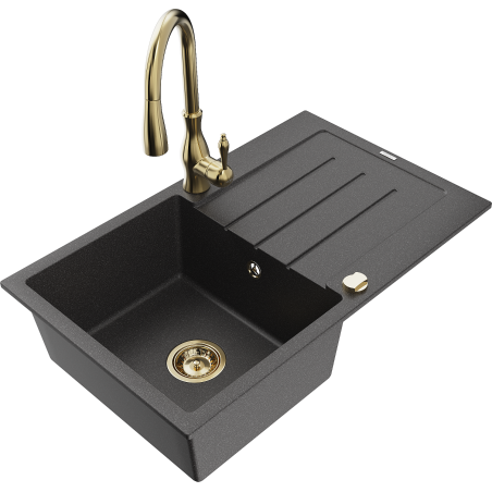 Mexen Bruno fregadero de granito de 1 cubeta con escurridor y grifo de cocina Savita, negro moteado - 6513-76-672601-50