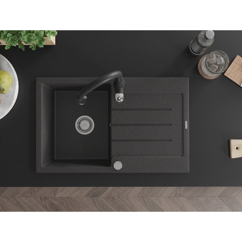 Mexen Bruno fregadero de granito de 1 seno con escurridor y grifo de cocina Savita, negro moteado - 6513-76-672601-70