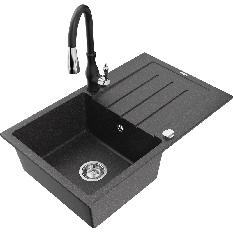 Mexen Bruno fregadero de granito de 1 seno con escurridor y grifo de cocina Savita, negro moteado - 6513-76-672601-70