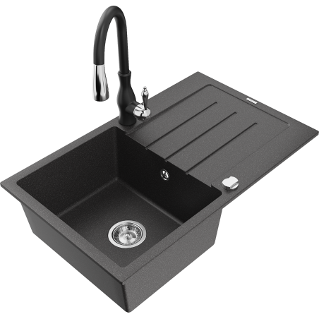 Mexen Bruno fregadero de granito de 1 seno con escurridor y grifo de cocina Savita, negro moteado - 6513-76-672601-70