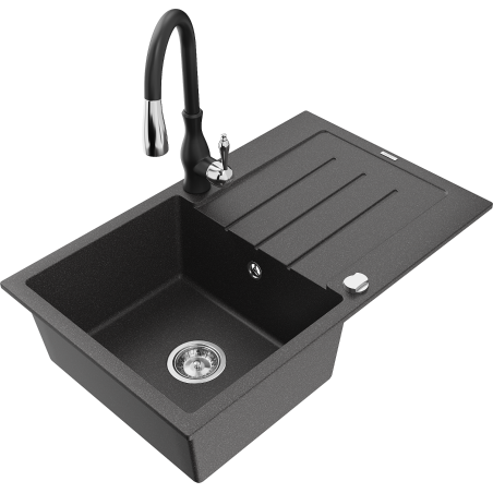 Mexen Bruno granite kitchen sink single-bowl with drainer and Savita kitchen faucet, black speckled - 6513-76-672601-70