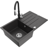 Mexen Bruno granite sink 1-bowl with drainer and Savita kitchen tap, speckled black - 6513-76-672601-70