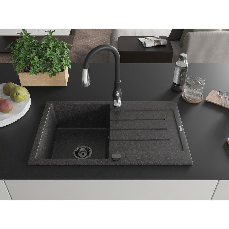 Mexen Bruno granite sink 1-bowl with drainer and Savita kitchen tap, speckled black - 6513-76-672601-70-B